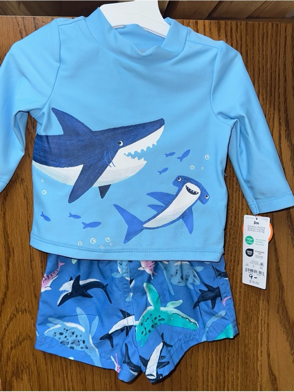 Kids Shark Print Rash Guard Swim Set - Light Blue